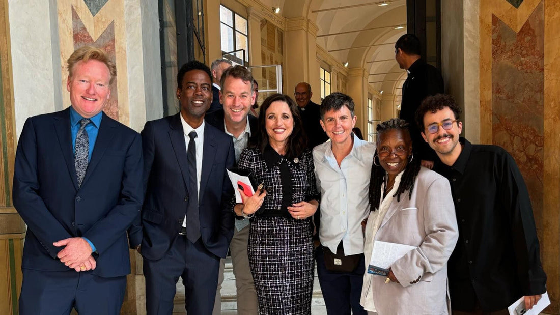 Pictured (L-R): Conan O'Brien, Chris Rock, Mike Birbiglia, Julia Louis-Dreyfus, Tig Notaro, Whoopi Goldberg, & Ramy Youssef at the Vatican