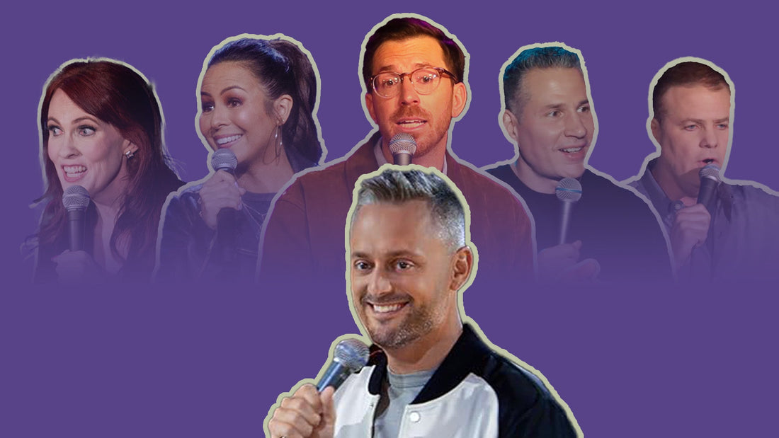 Back row: Jen Fulwiler, Anjelah Johnson-Reyes, Joe Zimmerman, Mike Vecchione & Greg Warren. Center: Nate Bargatze.