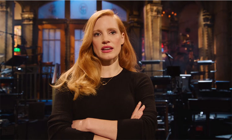 Jessica Chastain is not out to make friends in new "Saturday Night Live" teasers