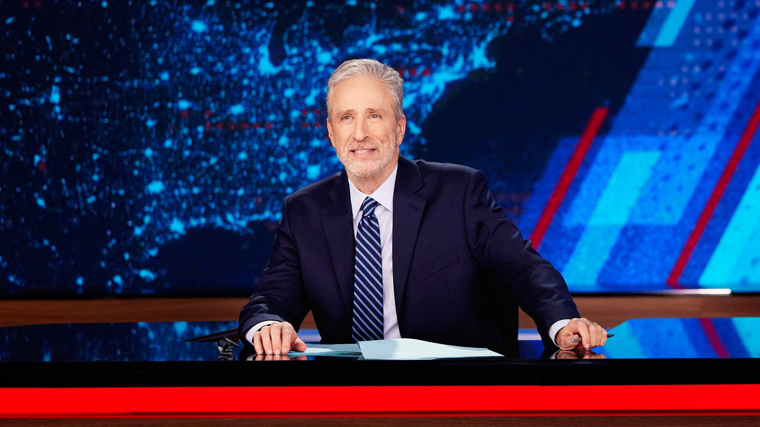 Jon Stewart hosting The Daily Show on Comedy Central.