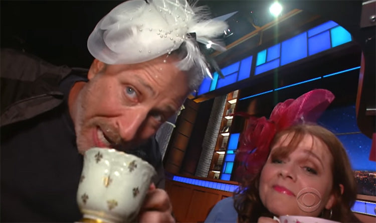 Jon Stewart returns to "The Late Show" desk, well underneath it