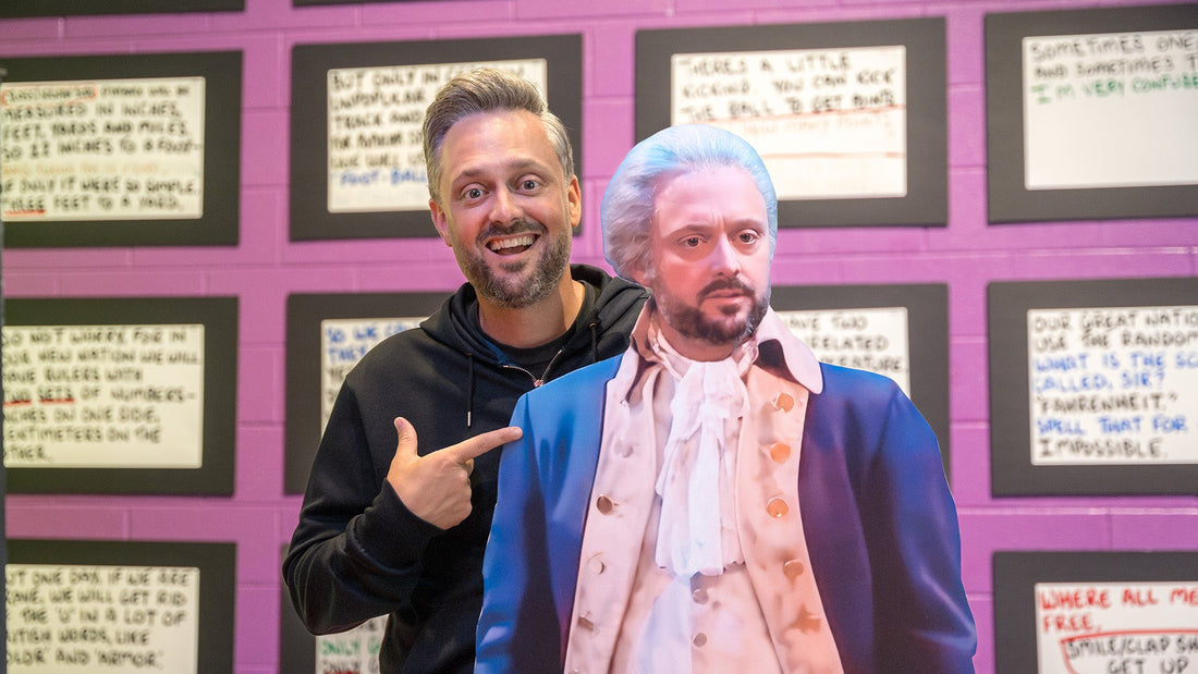 Nate Bargatze at the National Comedy Center pictured with the SNL Washington's Dream sketch cue cards.