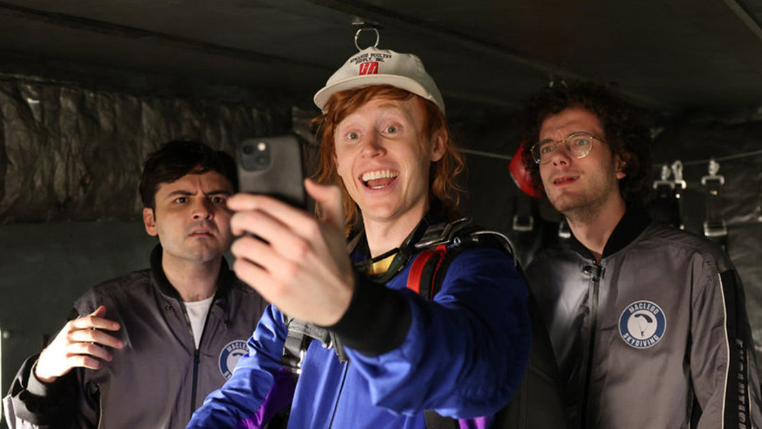 John Higgins, Ben Marshall, and Martin Herlihy (Please Don't Destroy) during the “Skydiving” sketch on "Saturday Night Live."