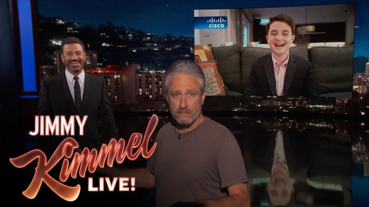 Jon Stewart crashes an interview with the kid who had a Jimmy Kimmel-themed bar mitzvah